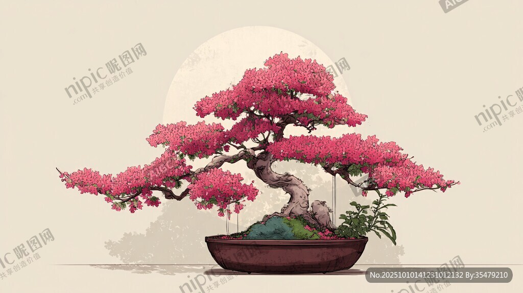 梦幻粉色盆景树艺术插画