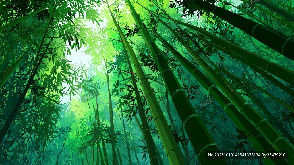阳光洒落的静谧翠绿竹林