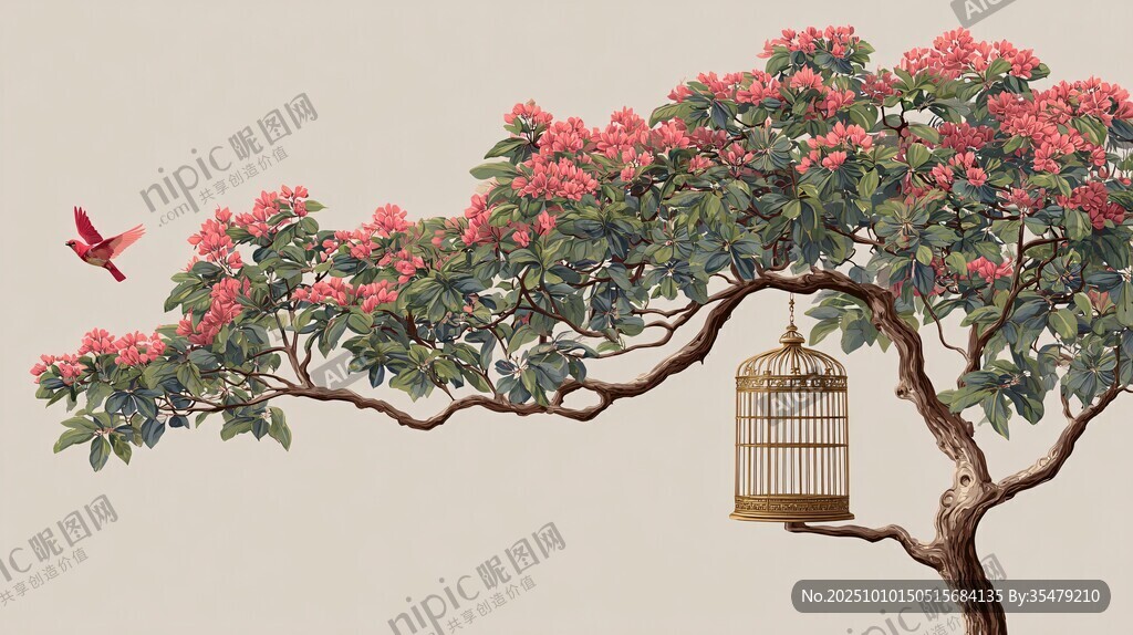 繁花枝头鸟笼与飞鸟