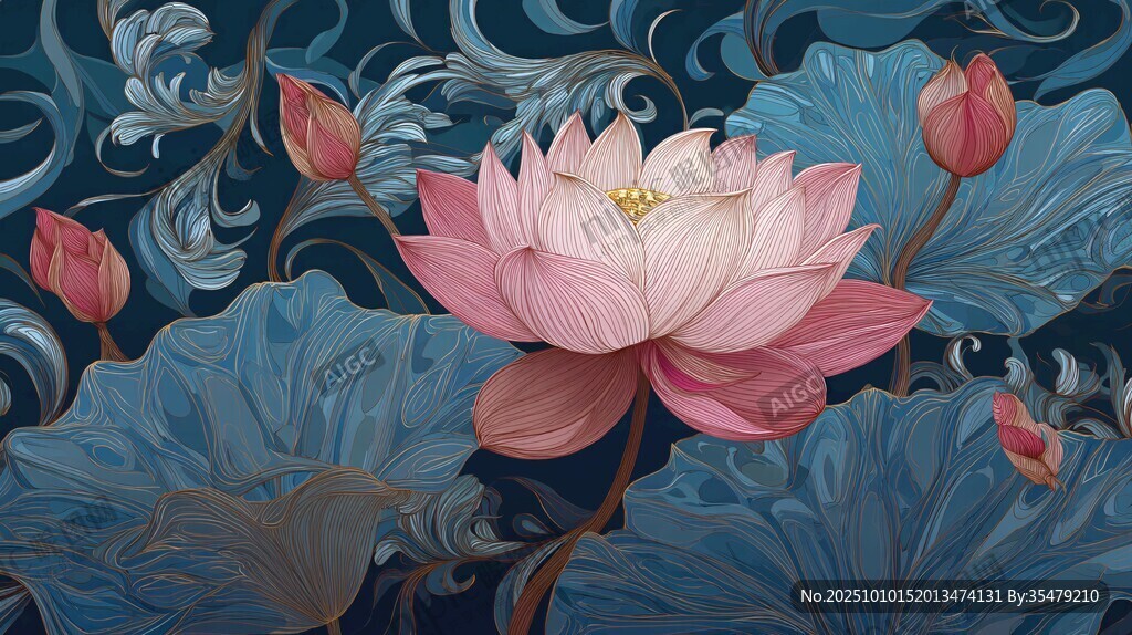 水墨风盛开莲花插画