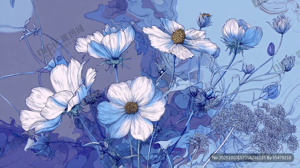 蓝白色调花卉梦幻插画