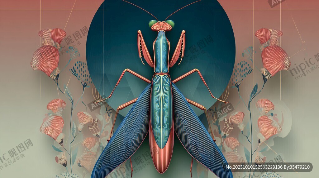 梦幻螳螂插画 花卉环绕