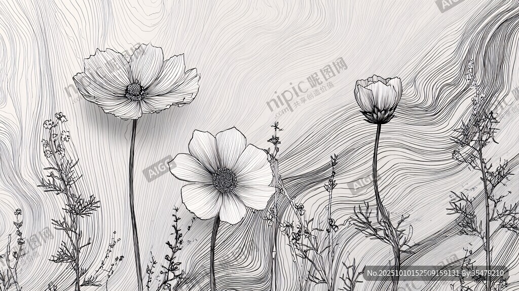 黑白线条绘就的花卉景致