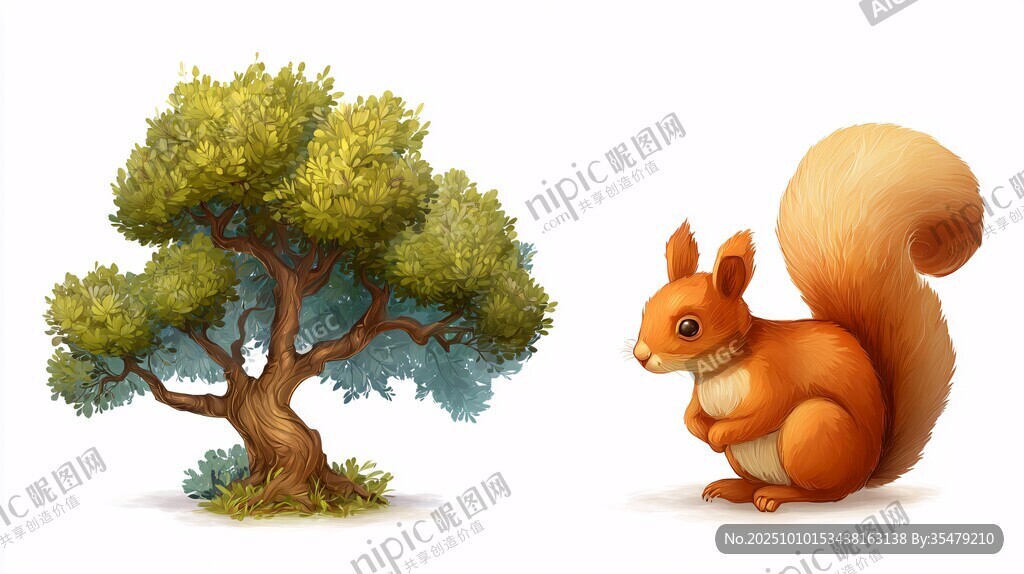 松鼠与绿树的温馨画面