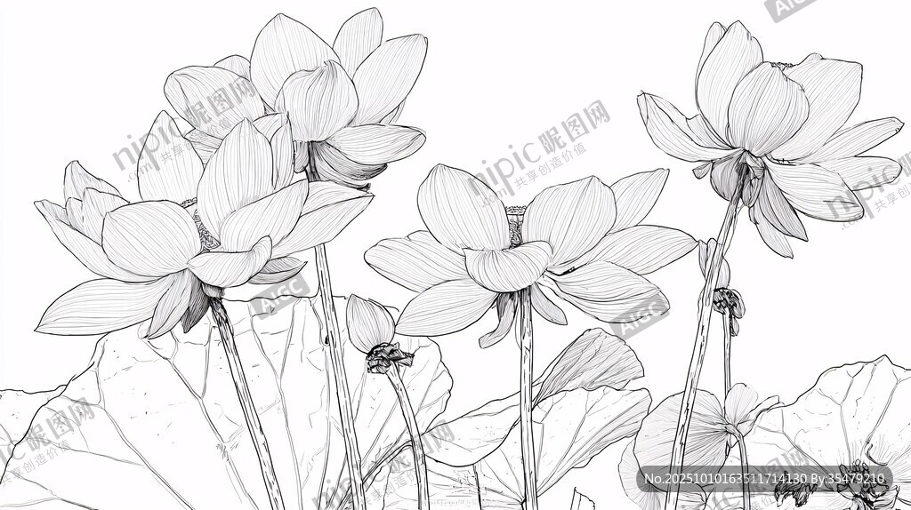 白描荷花图 清雅水墨风