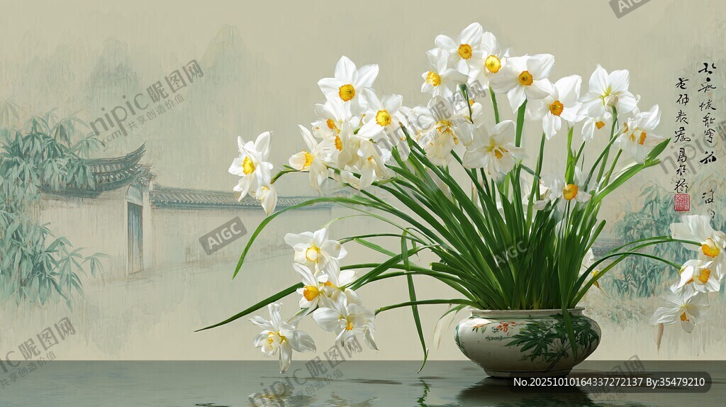 水墨风花瓶中绽放的水仙花