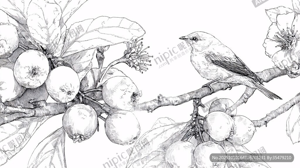 枝头小鸟与果实素描图