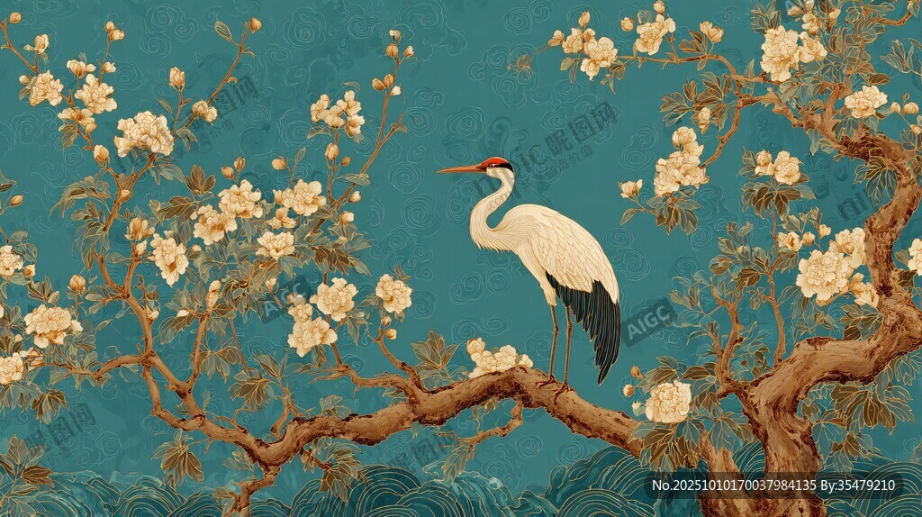 花鸟图中白鹤栖于花枝