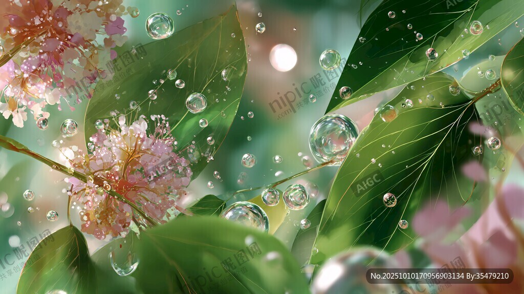 雨后繁花绿叶水珠美景