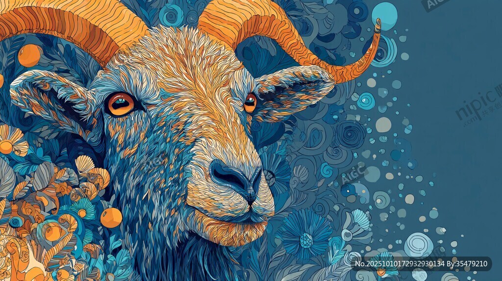 梦幻蓝金山羊插画艺术