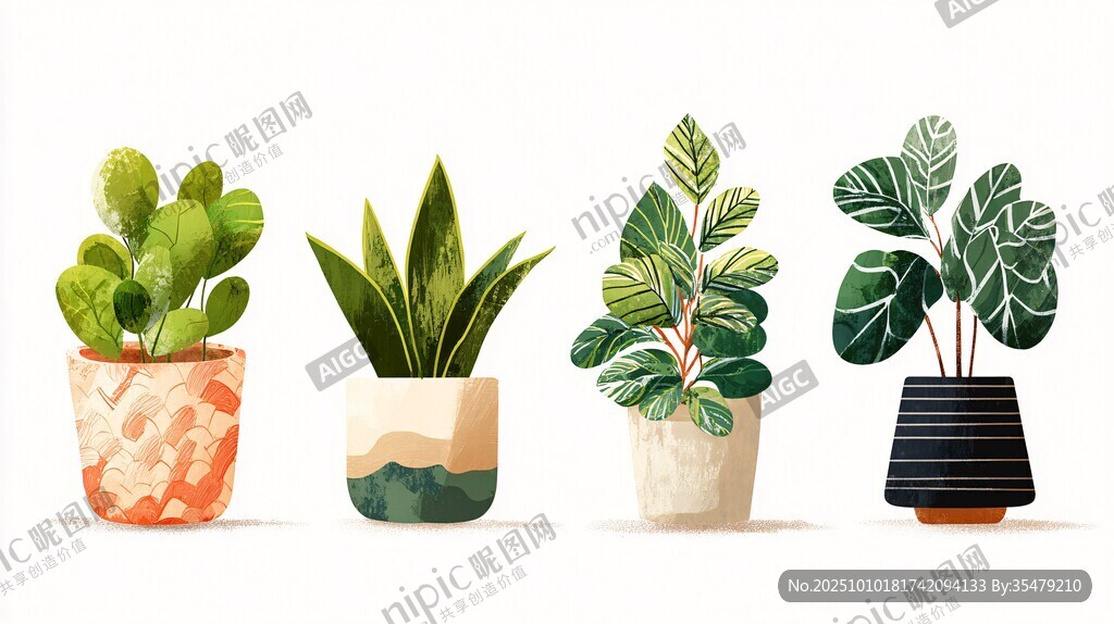 四盆别致盆栽植物插画
