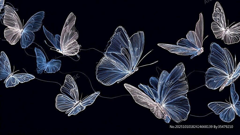 梦幻蓝蝶在黑色背景飞舞