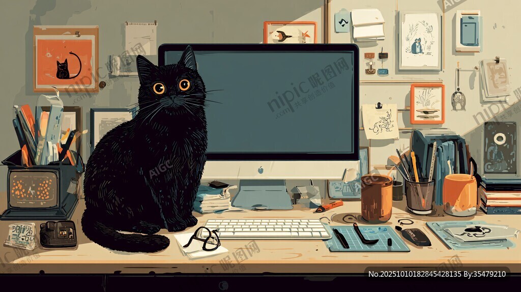 黑猫坐镇创意工作桌面