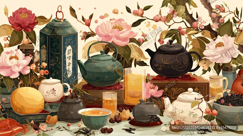 中式茶具花卉雅致静物图
