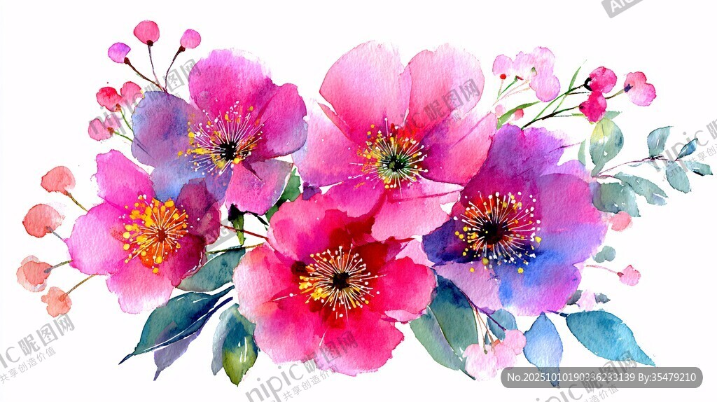 水彩花卉插画 绚丽花朵组合