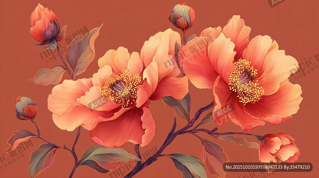 橙红色牡丹花卉艺术画