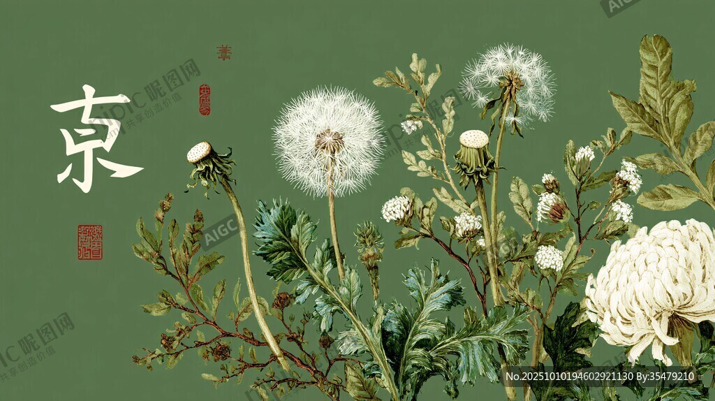 中式风蒲公英花卉插画