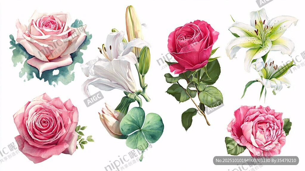 多彩玫瑰与百合花卉插画