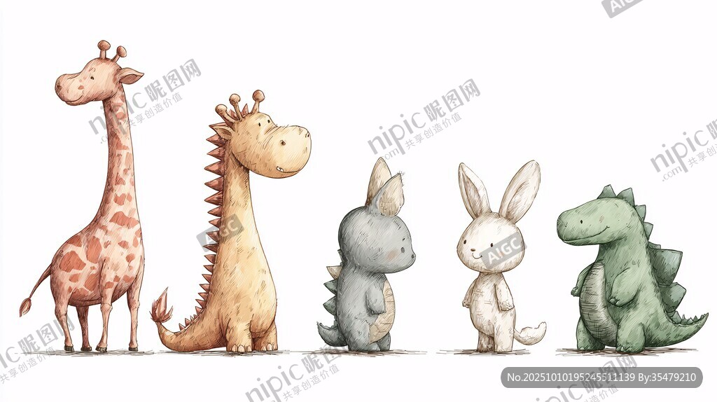 可爱动物排队萌趣插画