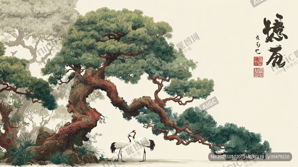 松鹤图中式山水意境画