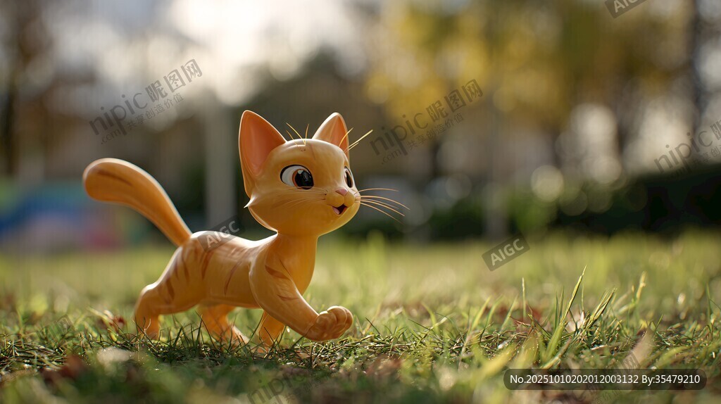 草地上奔跑的可爱小猫玩偶