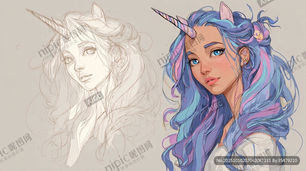独角兽少女插画 素描与彩图