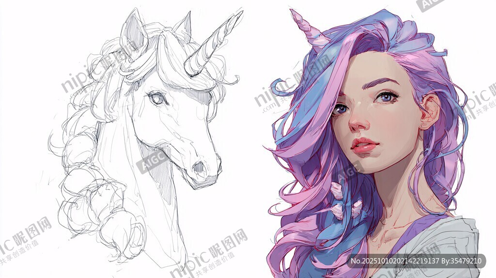 梦幻独角兽与紫发少女插画