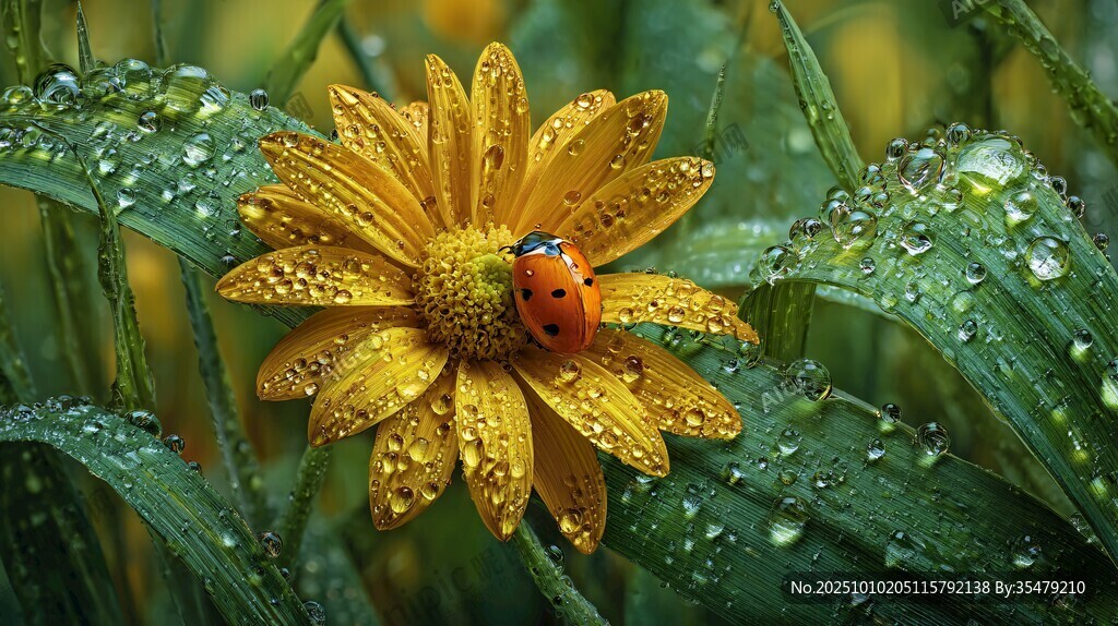 雨后黄花上的瓢虫