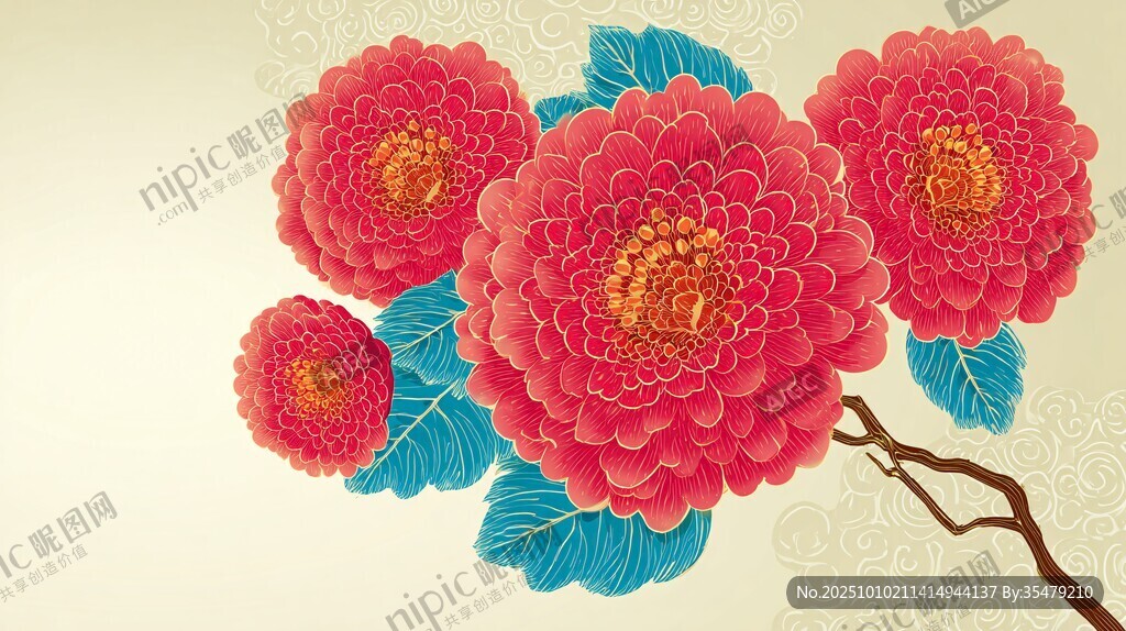 艳丽绽放的粉色花卉插画
