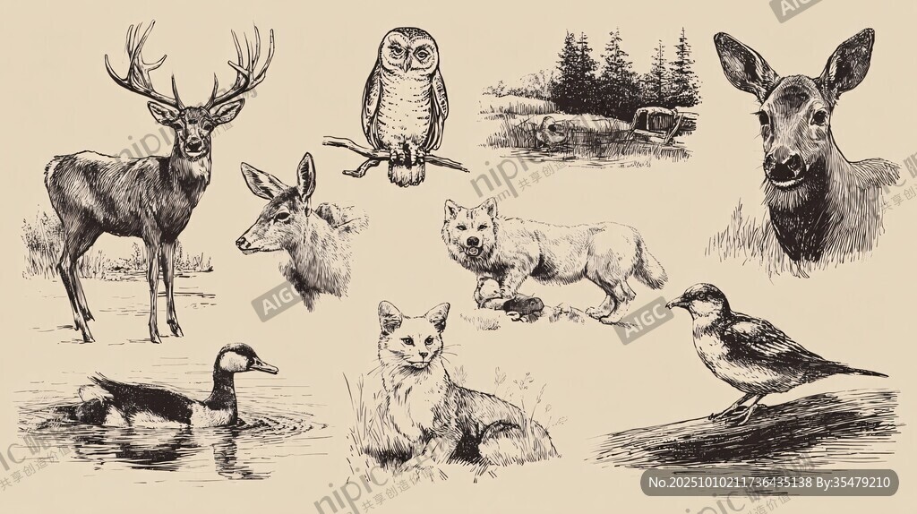 野生动物手绘插画集合