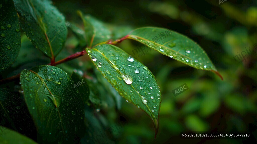 雨后绿叶露珠晶莹剔透