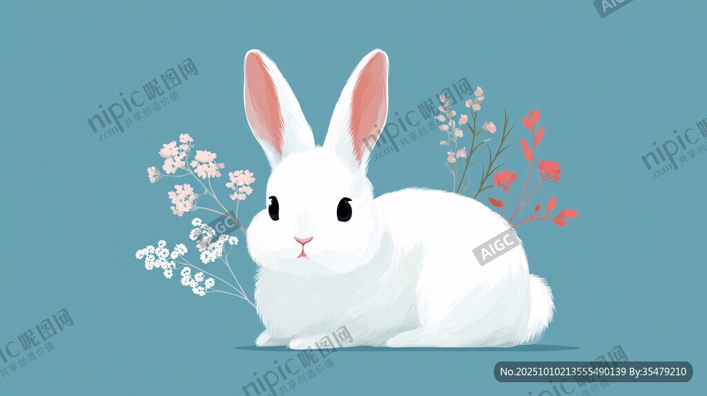 可爱白兔伴花卉插画