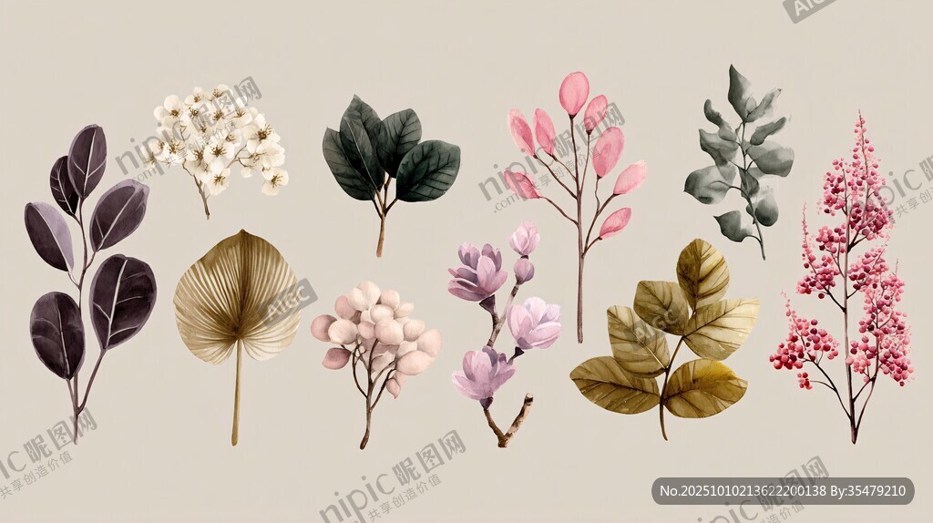 多彩植物枝叶插画素材