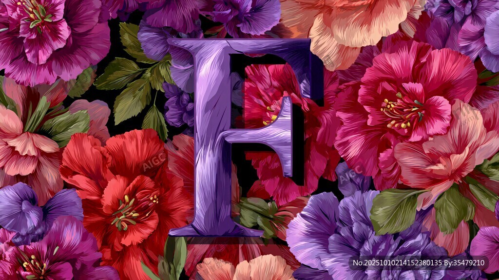 花卉环绕的紫色字母F