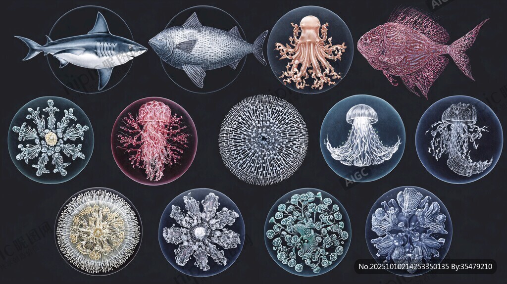 多样海洋生物艺术插画展示
