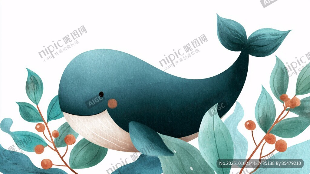 可爱蓝鲸与绿植相伴