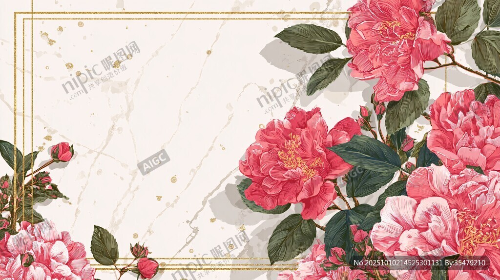 粉色花卉大理石边框背景图