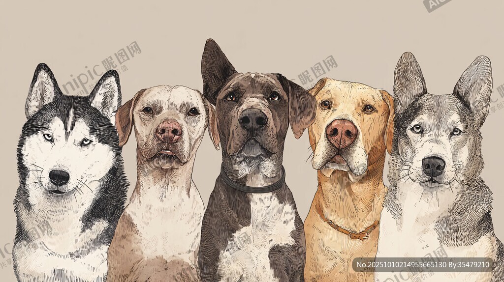 五只萌犬的可爱肖像画
