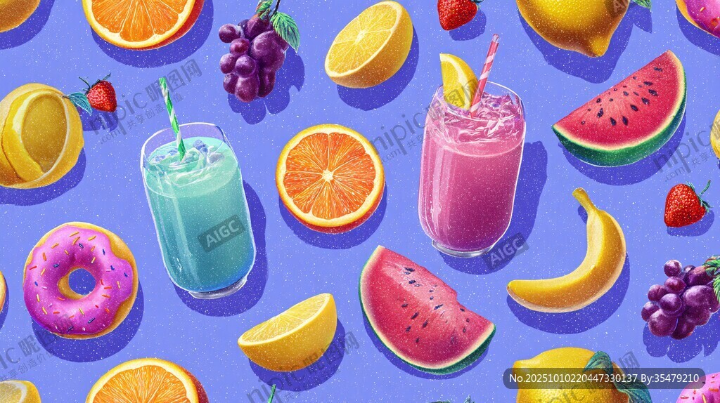 缤纷水果与美味饮品插画