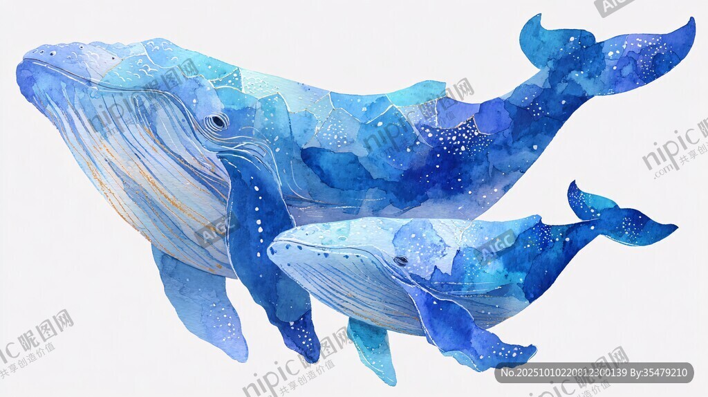 水彩风双鲸梦幻插画