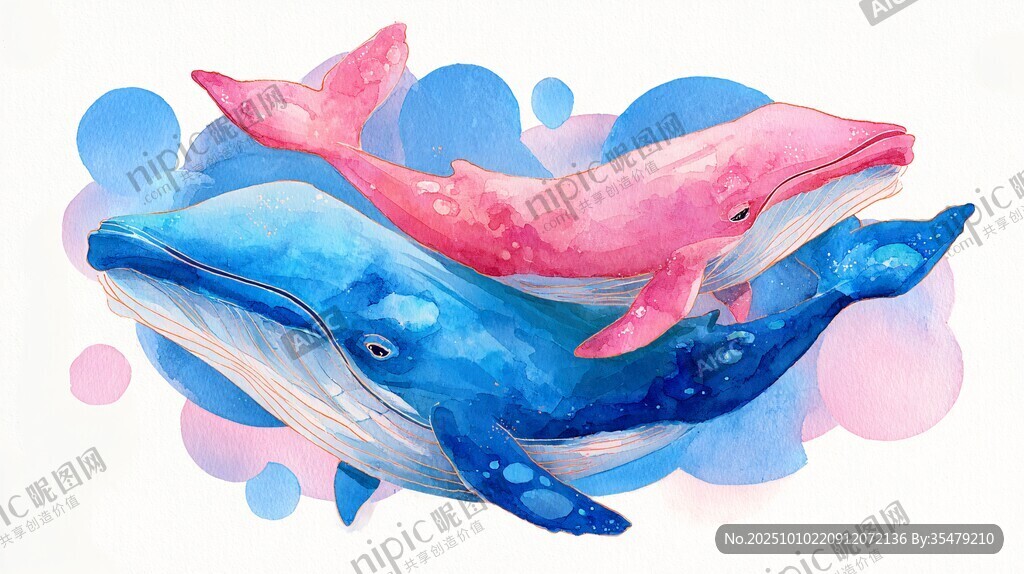 梦幻双鲸水彩插画