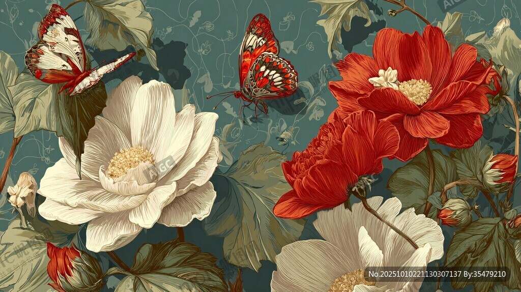 花卉与蝴蝶的唯美插画