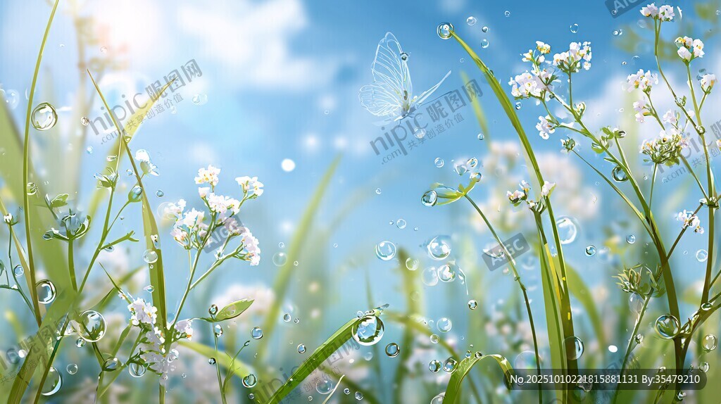晨露中的花草与飞舞蝴蝶