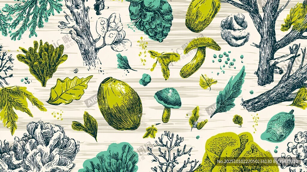 森林植物手绘插画图案