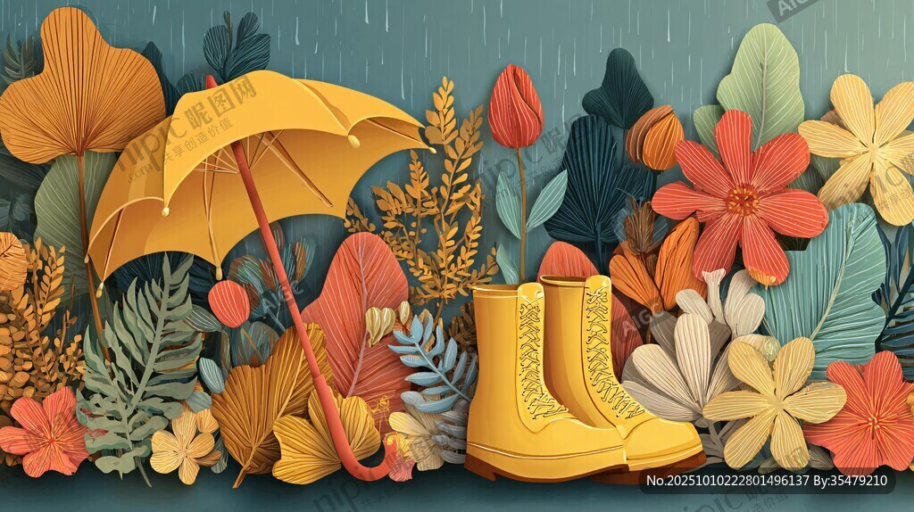 雨中花境的雨具与花卉