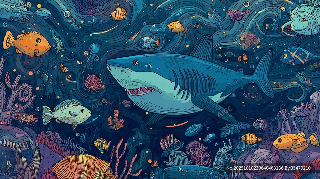 深海鲨鱼与多彩海洋生物