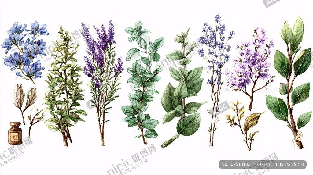 水彩绘芳香植物与小瓶