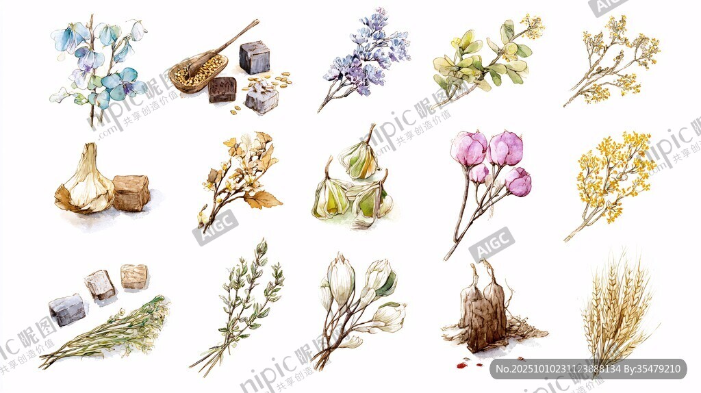 手绘植物花卉与香料组合
