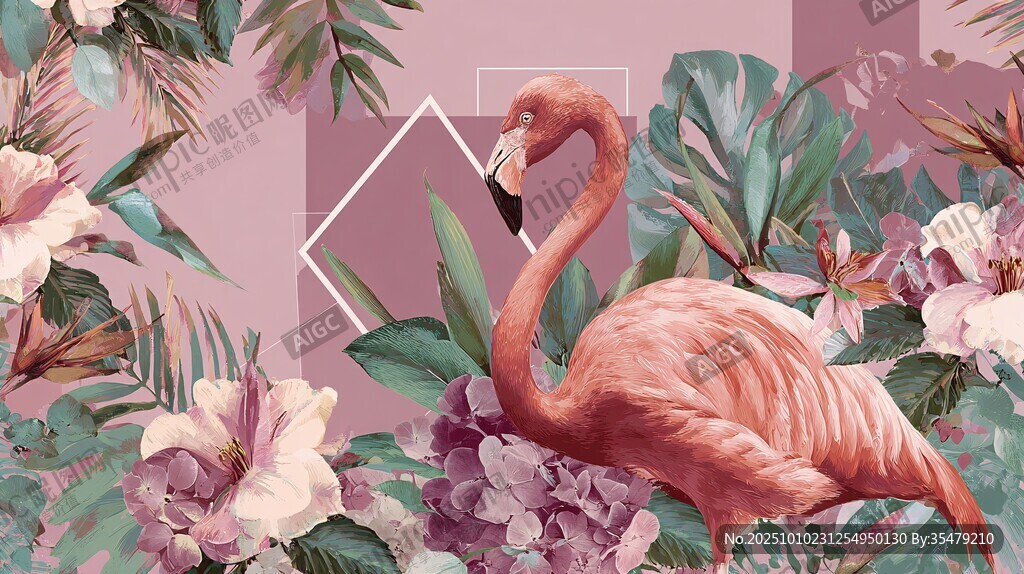 粉色火烈鸟与花卉绿植