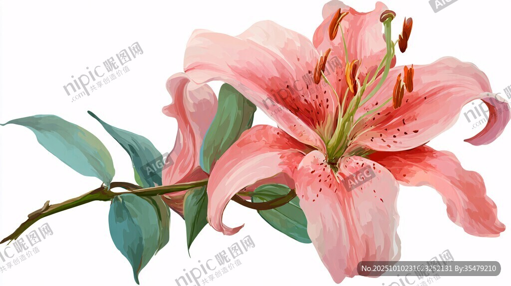 粉色百合花插画特写